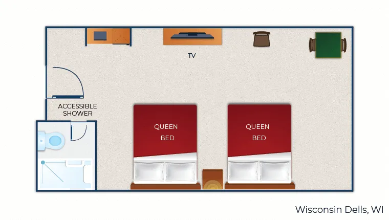The floor plan for the accessible Double Queen Suite